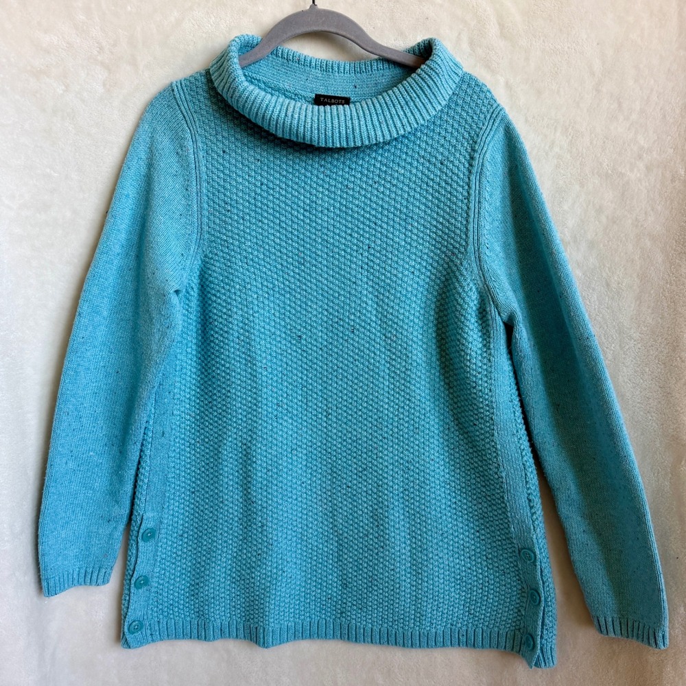 Talbots Turquoise Cowl Neck Sweater Size L Side Button Textured Knit Top Tunic